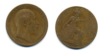 Великобритания 1 пенни 1909 Эдуард VII (1901-1910) KM 794.2, Spink 3990 бронза 47-713
