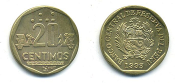 ПЕРУ 20 САНТИМОВ 1993 бронза 4-325