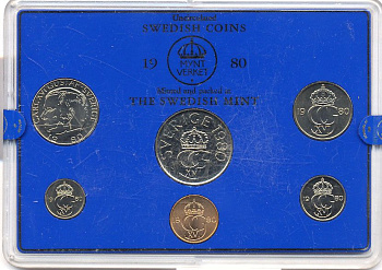 Швеция набор монетного двора из 6 монет 1980 в пластике, Карл XVI Густав (1973- ) KM MS15 UNC 4-3-6-132