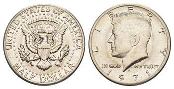 США 1/2 доллара (50 центов) 1971 D, Джон Кеннеди KM 202b медь плакированная медно-никелем aUNC 215-843