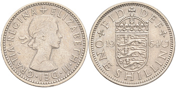 Великобритания 1 шиллинг 1964 Елизавета II (1952-2022), Английский герб KM 904, Spink 4147 медно-никель 4556-645