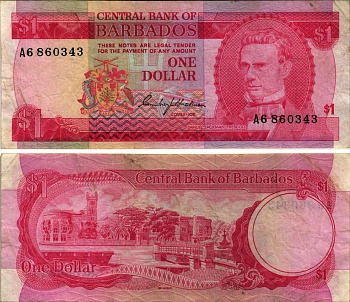 БАРБАДОС 1 ДОЛЛАР 1973 САМУЭЛЬ ДЖЕКМЕН ПРЕСКОД, TDLR, ТРАФАЛЬГАРСКАЯ ПЛОЩАДЬ В БРИДЖТАУНЕ Pick 29а бумага 8604-50-1-1