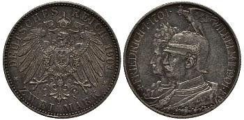 Пруссия 2 марки 1901 A, 200 лет Прусской королевской династии (Фридрих I - Вильгельм II) J.105, Weege 105, KM 525 серебро 3711-1113