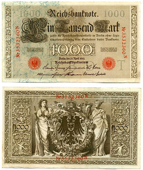 Германия 1000 Марок 1910 21 апреля 1910, Буква T, номер семизначный, серия N, Выпуск (09.1922) Pick 44b, Розенберг 45с бумага 8618-26-1-1