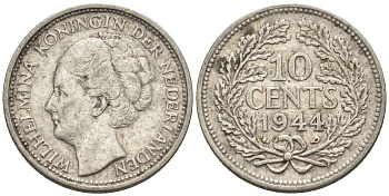 Нидерланды 10 центов 1944 Вильгельмина I (1890-1948) KM 163 серебро 4115-225