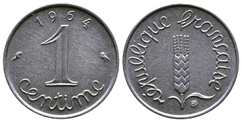 ФРАНЦИЯ 1 САНТИМ 1964 KM 928 хромированная сталь 4110-1736