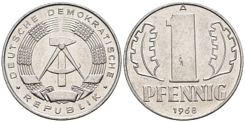 ГДР 1 пфенниг 1968 А KM 8.1 алюминий aUNC 4564-1019