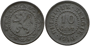 Бельгия 10 сантимов 1916 германская оккупация Первая мировая война, Альберт I (1910-1934) KM 81 цинк 4601-622