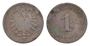 Германия 1 пфенниг 1875 C, Вильгельм I (1871-1888) KM 1, J. 1 медь 4639-1061