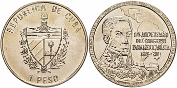 Куба 1 песо 2001 175-я годовщина Пан-Американского конгресса, Симон Боливар KM 844 медно-никель UNC 00-00