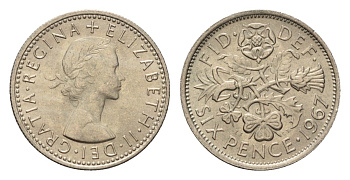 Великобритания 6 пенсов 1967 Елизавета II (1952-2022) KM 903, Spink 4149 медно-никель 4655-312