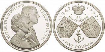 Великобритания 5 фунтов 1997 Елизавета II (1952-2022), 50 лет свадьбы Елизаветы и Филлипа, Золотая свадьба королевы, в оригинальной коробке, с сертификатом, 75000 экз. KM 977а, Spink (L4) серебро  PROOF  3-4-2-44