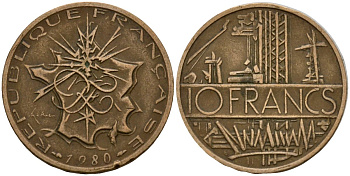 Франция 10 франков 1980 тип Матье KM 940, Le Franc 365.15-16 никель латунь 4601-416