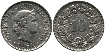 ШВЕЙЦАРИЯ 10 РАППЕНОВ 1964 В KM 27 медно-никель 96-1129
