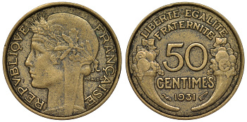 Франция 50 сантимов 1931 тип Morlon тип sans fruit ni raisin KM 894.1, Le Franc 192.3 алюминиевая бронза 4124-344