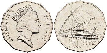 Фиджи 50 центов 1992 парусник, Елизавета II KM 54а никелированная сталь 4565-433