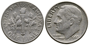 США 10 ЦЕНТОВ = 1 ДАЙМ 1965 РУЗВЕЛЬТ KM 195а медь плакированная медно-никелем 08-1332