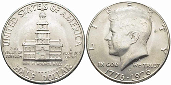 США 50 центов = 1/2 доллара 1976 D, 200 лет независимости, Джон Кеннеди KM 205 медь плакированная медно-никелем 111-315