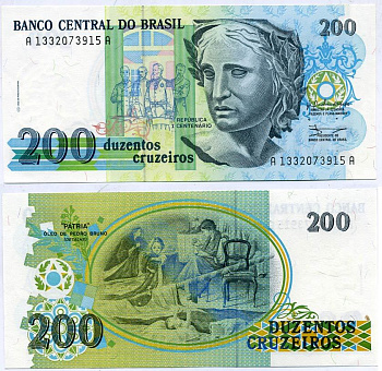 Бразилия 200 крузейро 1990 Pick 229 бумага UNC (пресс) 6294-7-2-2