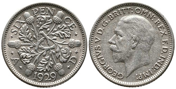 Великобритания 6 пенсов 1929 Георг V (1910-1936) KM 832, Spink 4040 серебро 201-116