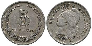 Аргентина 5 сентаво 1922 голова свободы влево KM 34 медно-никель 4528-226