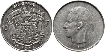 Бельгия 10 франков 1972 Belgique, Бодуэн I (1951-1993) KM 155.1 никель 63-826