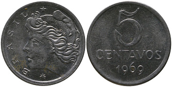 Бразилия 5 сентаво 1969  голова свободы влево KM 577.2, Schon 82a нержавеющая сталь aUNC 4567-921