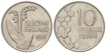Финляндия 10 пенни 1990 M KM 65 медно-никель aUNC 99-1054