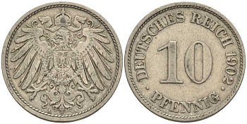 ГЕРМАНИЯ 10 ПФЕННИГОВ 1902 A KM 12, J. 13 медно-никель 4401-1237