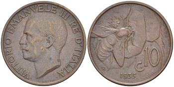 ИТАЛИЯ 10 ЧЕНТЕЗИМО 1935 R, МОНДВОР РИМ, ВИКТОР ЭММАНУИЛ III (1900-1946) KM 60 медь 4525-324