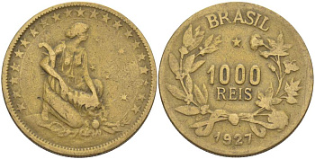 БРАЗИЛИЯ 1000 РЕЙС 1927 ФИГУРА С РОГОМ ИЗОБИЛИЯ ВПРАВО KM 525 алюминиевая бронза 4529-344