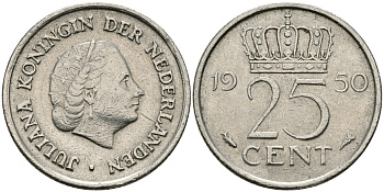 НИДЕРЛАНДЫ 25 ЦЕНТОВ 1950 ЮЛИАНА KM 183 никель 96-122