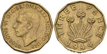 Великобритания 3 пенса 1944 Георг VI (1937-1952) KM 849, Spink 4112 никель латунь 4561-957