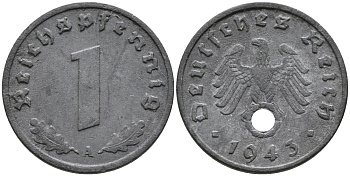 ГЕРМАНИЯ 1 РЕЙХСПФЕННИГ 1943 A KM 97, J.369 цинк 96-759