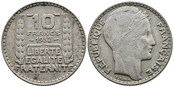 Франция 10 франков 1932 Пьер Тюрен KM 878, Le Franc 360.5 серебро 79-1545