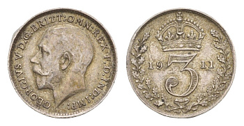 Великобритания 3 пенса 1911 Георг V (1910-1936) KM 813, Spink 4015 серебро    1531-1234