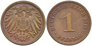 ГЕРМАНИЯ 1 ПФЕННИГ 1913 D KM 10, J. 10, Weege 2 медь 206-423