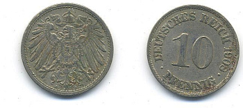 ГЕРМАНИЯ 10 ПФЕННИГОВ 1908 A KM 12, J. 13 медно-никель 58-325