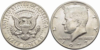 США 1/2 доллара (50 центов) 1972 D, Джон Кеннеди KM 202b медь плакированная медно-никелем 72-142