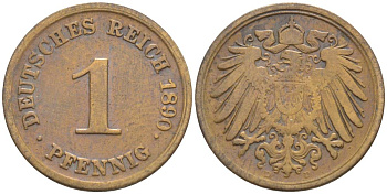 ГЕРМАНИЯ 1 ПФЕННИГ 1890 D KM 10, Jager. 10, Weege 2 медь 4528-1116