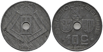 Бельгия 10 сантимов 1942 Belgique - Belgie, Леопольд III (1934-1947), германская оккупация, Вторая мировая война KM 125 цинк 4579-935