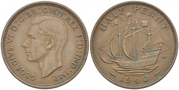 Великобритания 1/2 пенни 1940 Георг VI (1936-1952) KM 844, Spink 4115 бронза 212-1214