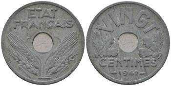 Франция 20 сантиов 1941 KM 899, Le Franc 152 цинк 4584-422