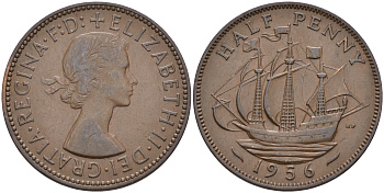 Великобритания 1/2 пенни 1956 Елизавета II (1952-2022) KM 896, Spink 4158 бронза 4592-347