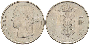 БЕЛЬГИЯ 1 ФРАНК 1958 BELGIQUE, БОДУЭН I (1951-1993) KM 142.1 медно-никель 202-957