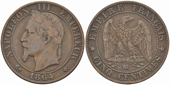ФРАНЦИЯ 5 САНТИМОВ 1864 BB, НАПОЛЕОН III (1852-1870) KM 797.2, LE FRANC 117.12 бронза 108-554