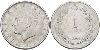 Турция 1 лира 1963 Мустафа Кемаль Ататюрк KM 889а.1 нержавеющая сталь 4529-1246