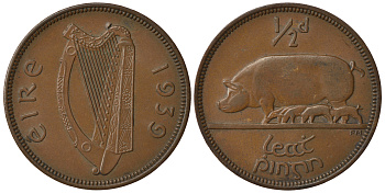 ИРЛАНДИЯ 1/2 ПЕННИ 1939 СВИНЬЯ С ПОРОСЯТАМИ KM 10 бронза 1525-914