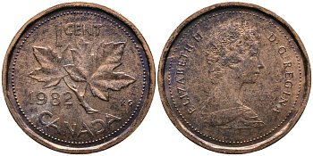 Канада 1 цент 1982 Елизавета II (1952-2022), кленовый лист KM 132 бронза 4549-365