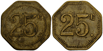 Франция 25 сантимов XIX-XX век ресторанный жетон латунь 4166-441